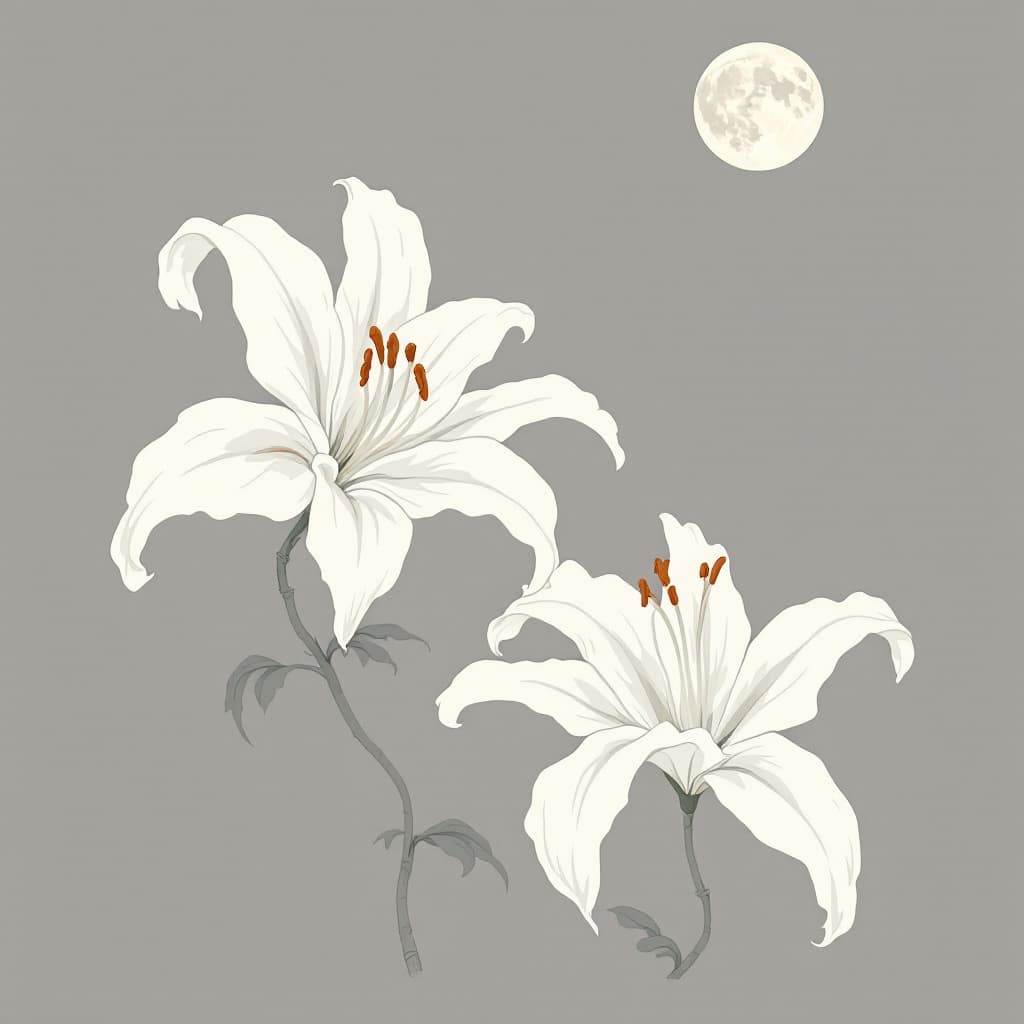 AI generated: White lily flower and the moon in the style of Ukiyo-e, delicate brushwork, ink stamp at the bottom ...