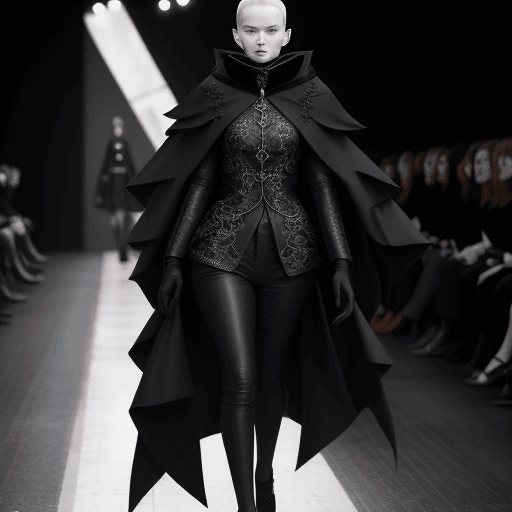 AI generated: a woman walking down a runway wearing a black coat, a photo, by Emma Andijewska, baroque, clippings ...