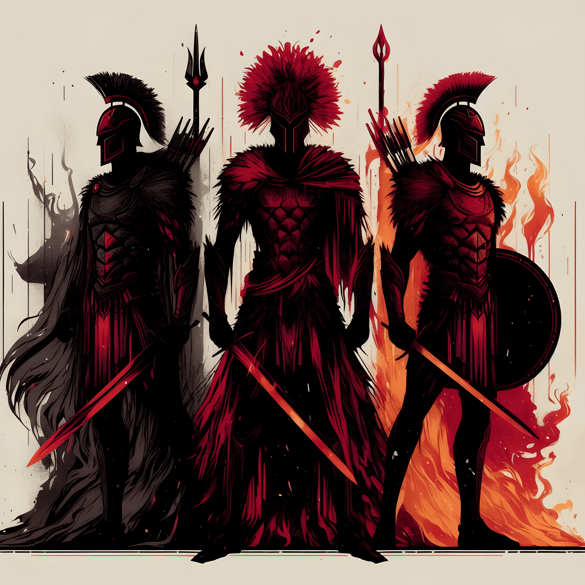 AI generated: full length portrait of ancient shadow warriors, Digital illustration, graphic tablet with stylus, m...