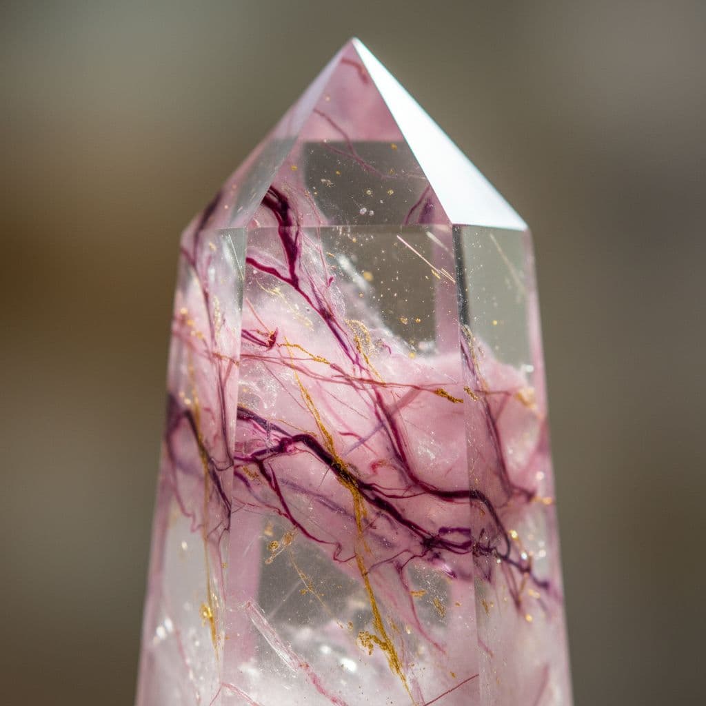 AI generated: Clear Crystal with Pink and Purple veins like marble running through it with flakes of yellow aswell...