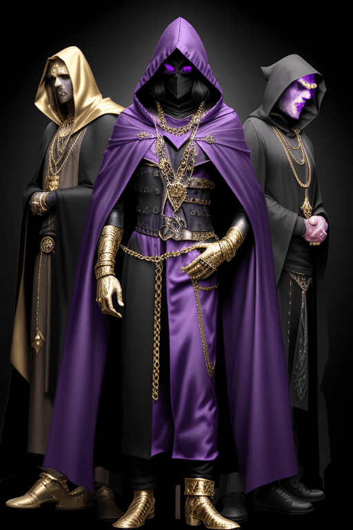 AI generated: Shadow wizard money gang, in purple cloak hood, dark face, gold chains and jewellery