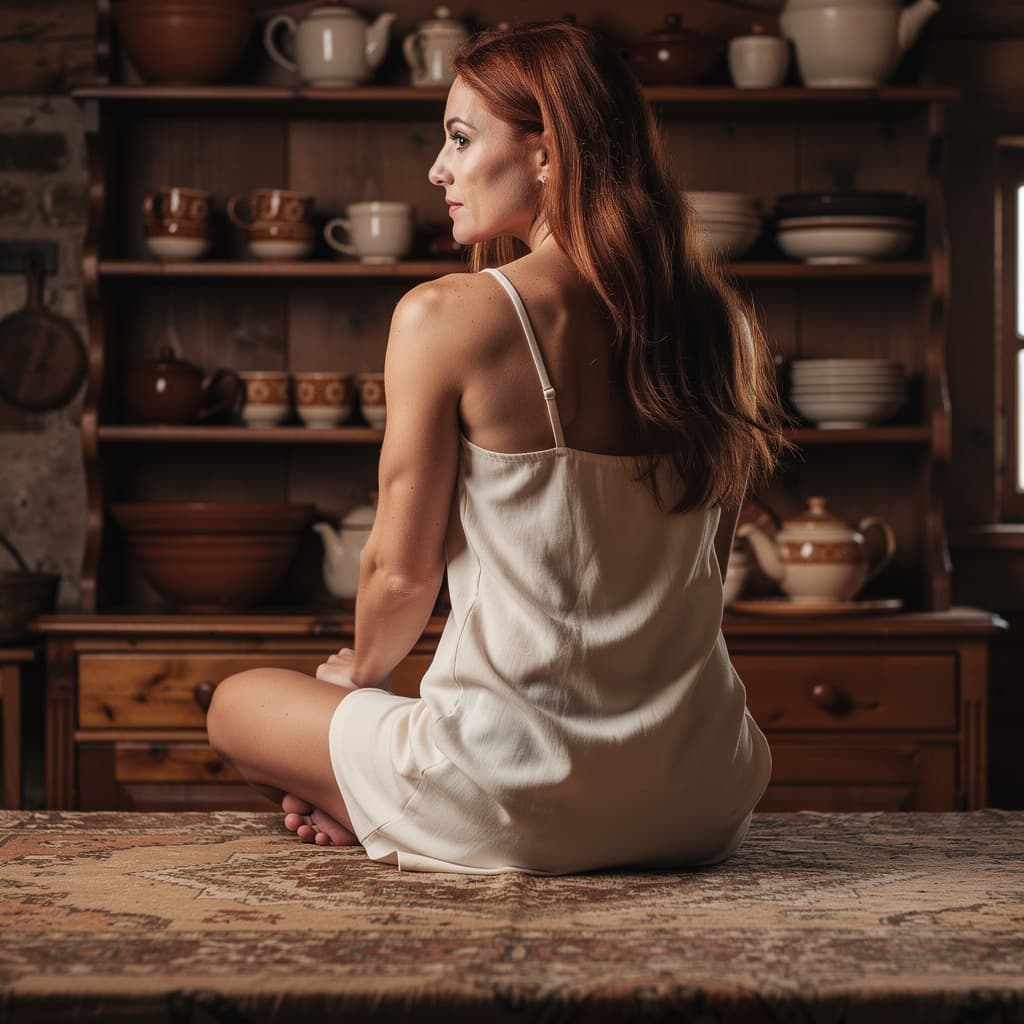 AI generated: Create a photorealistic image of a fit, nude adult woman sitting on a table in an old-fashioned kitc...