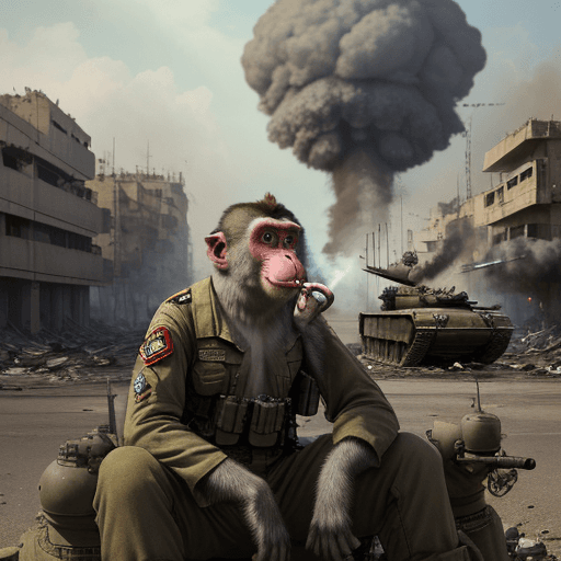 AI generated: hyperrealistic monkey smoking cigarettes during war, he is sittin on big bombs, in the background ta...