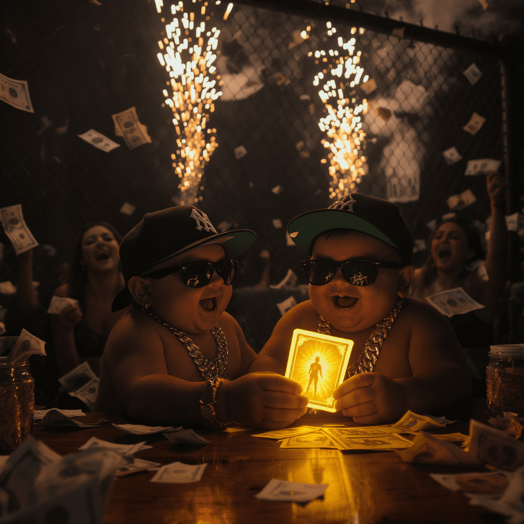AI generated: TWO LITTLE FAT MEXICAN WHITE 4 YEAR OLD BABYBOYS WITH SUNGLASSES  SITTING ON THE TABLE, FULL OF JOY,...