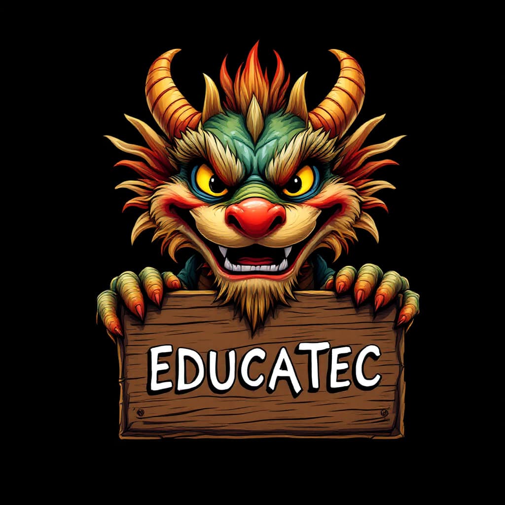 AI generated: An smiling head of dragon holding a rectangular wood with the text "EDUCATEC"
