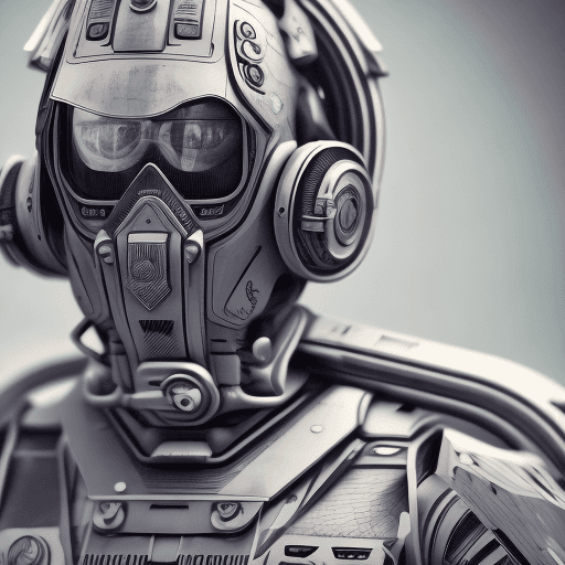 AI generated: Hyperdetailed photo, Mid Shot Photo, murderbot by matha wells, 3d, (number 2024), opaque mask, grung...