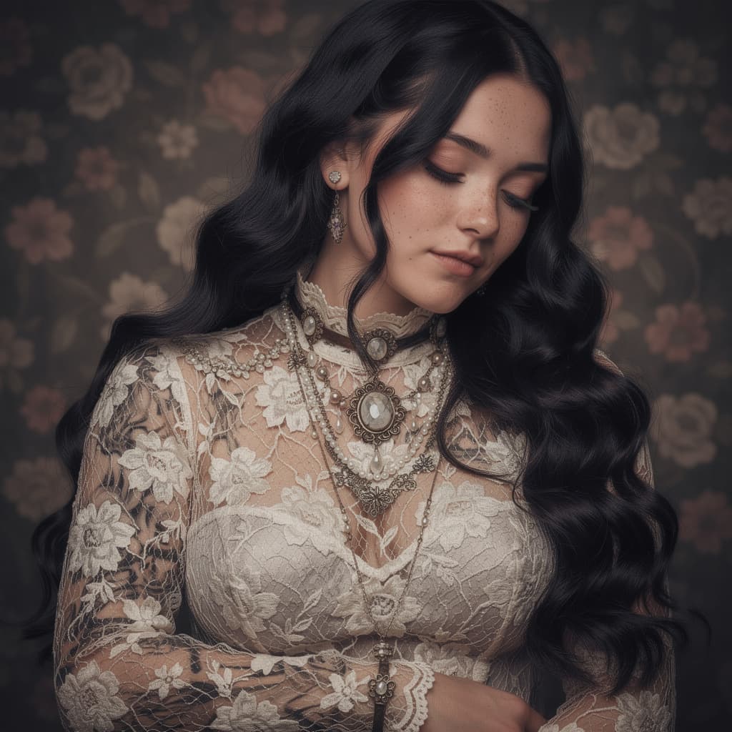 AI generated: Using the reference photo A close-up portrait of a woman with long black waves hair, eyes closed, an...