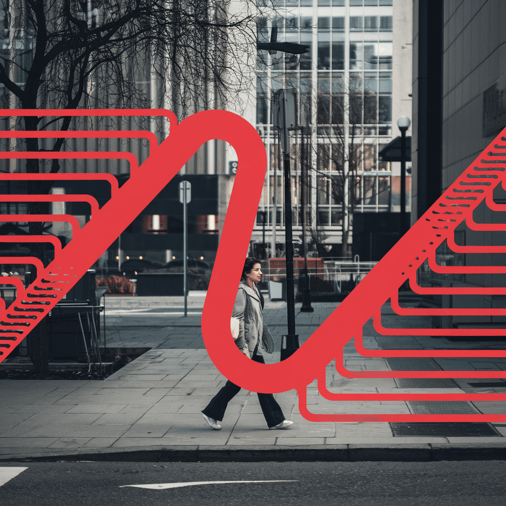 AI generated: conceputal image, commercial, rapid red line theme, wide shot, passing by woman blurring, simplify -...