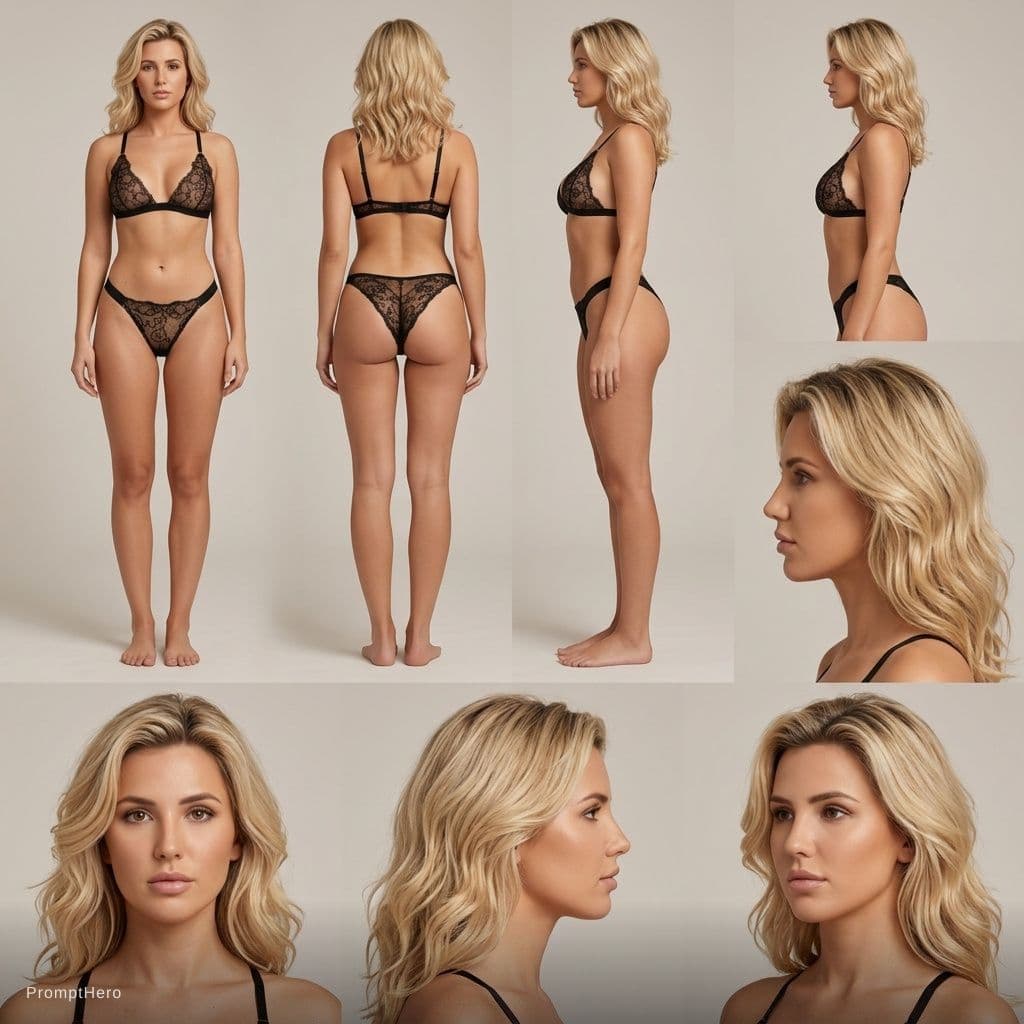 AI generated: Skin must be clean and flawless: no tattoos, no scars, no marks, no blemishes. Wearing a minimal bik...