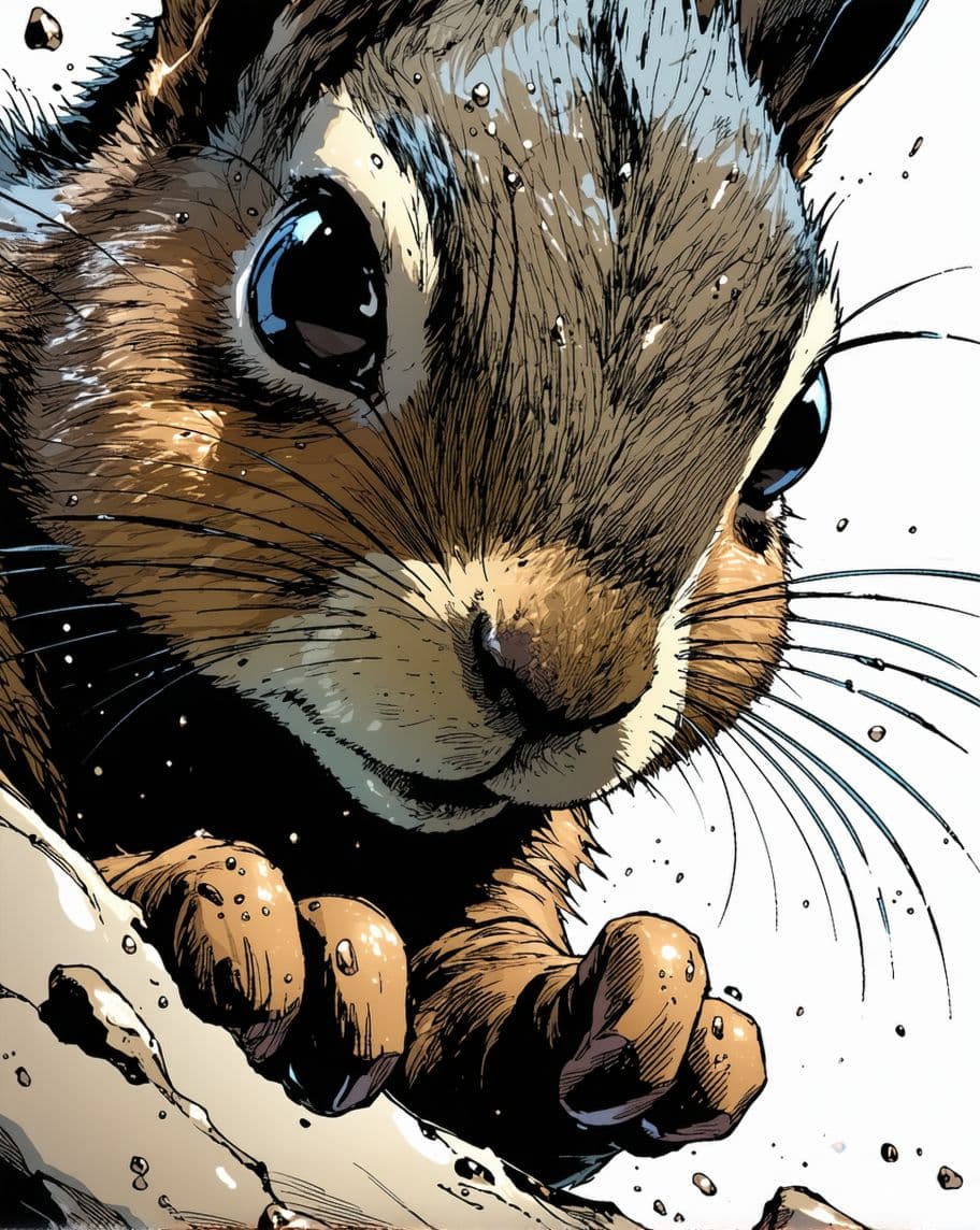 AI generated: manga panel of a close-up, a squirrel, intense, full color, in the style of Kentaro Miura and Yoji S...