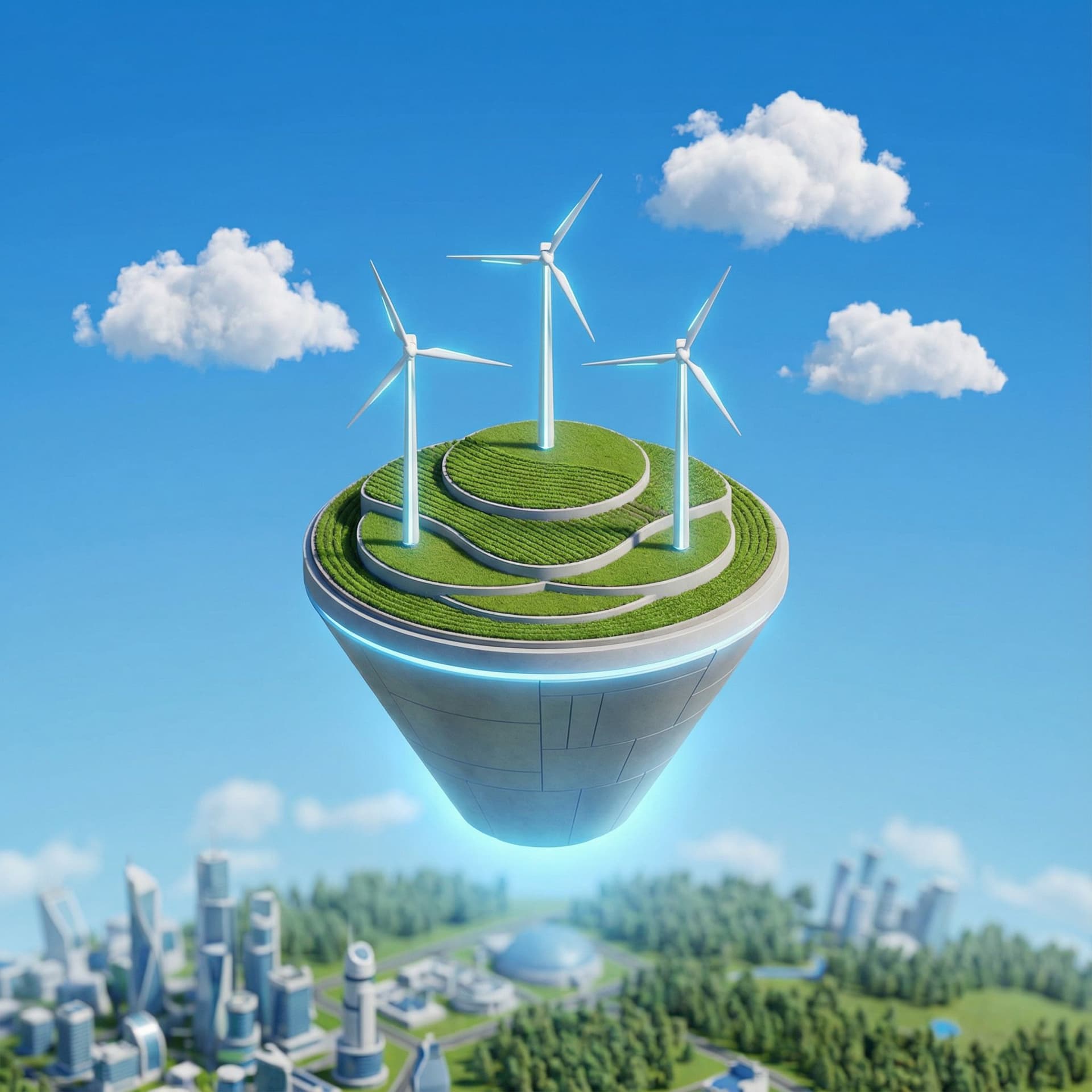 AI generated: futuristic looking 3d isometric rendering of a [cone-shaped island with 3 wind turbines], green fiel...