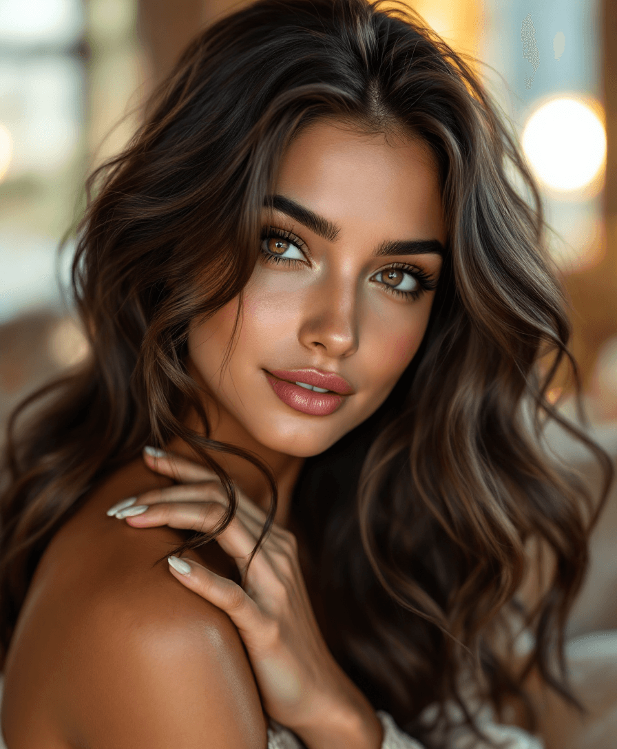 AI generated: A stunning woman in her early 20s inspired by Mila Kunis, with long dark brown hair, soft waves, and...