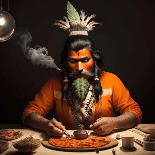 AI generated: Photographie haute résolution d'une scène psychedelique, chef indien avec une coiffe en cannabis, il...