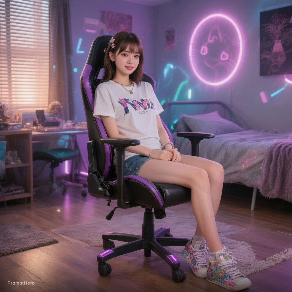 AI generated: Beautifull girl on gaming chair in her bedroom, full body 