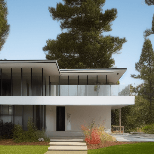 AI generated: Hyper realistic eye level exterior photo of a mid century modern style house overlooking the ocean, ...