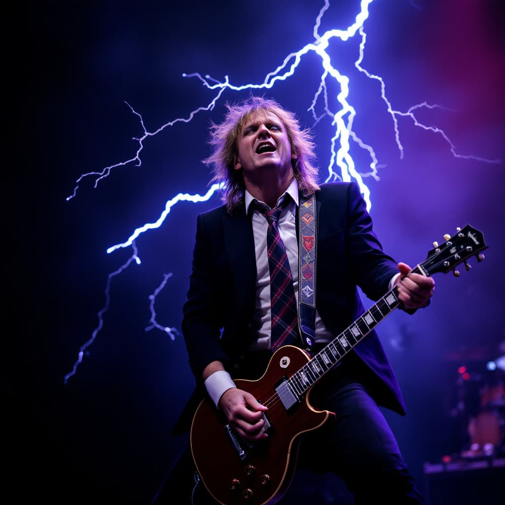 AI generated: acdc playing hit song thunderstruck and angus young in his school boy costume with wings of lightnin...
