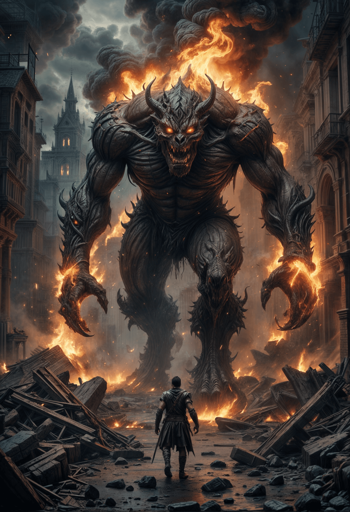 AI generated:  a giant cruely creepy demon destroyed a ancient city ,people flee,fire ,smoke,destroyed landscape,d...