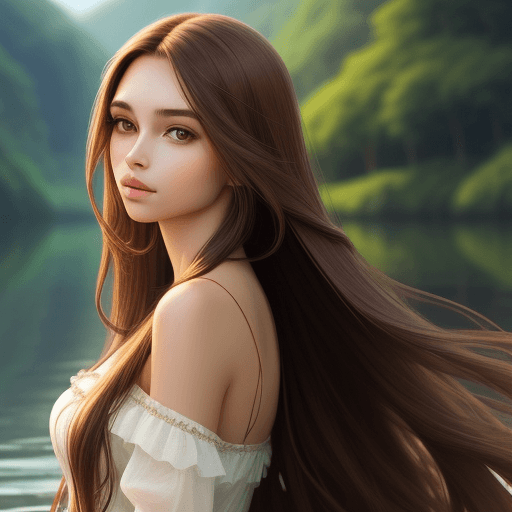 AI generated: gorgeous woman, extremely long brown hair, serene beautiful background