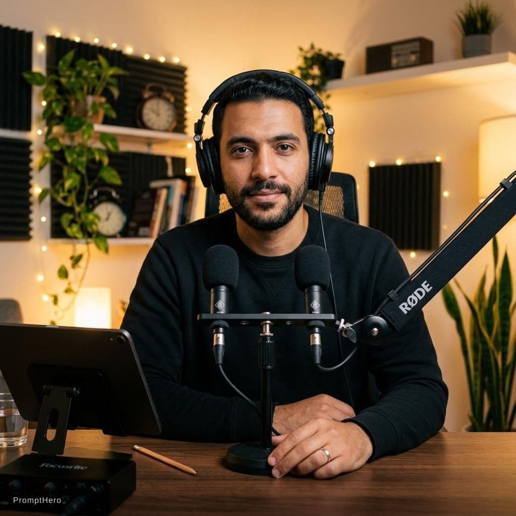 AI generated: 
A realistic adult  man ASMR content creator, from Egypt, with natural  black hair, soft facial feat...
