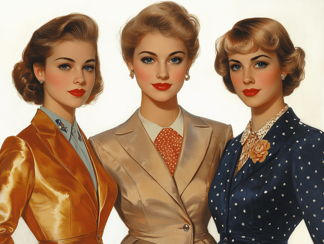 AI generated: A vintage fashion illustration of three women in elegant suits and dresses. One woman wears a gold s...