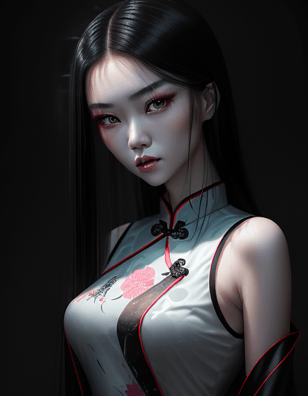 AI generated: Stunning young girl from Beijing, real portrait light makeup photo, wearing a cheongsam, long black ...
