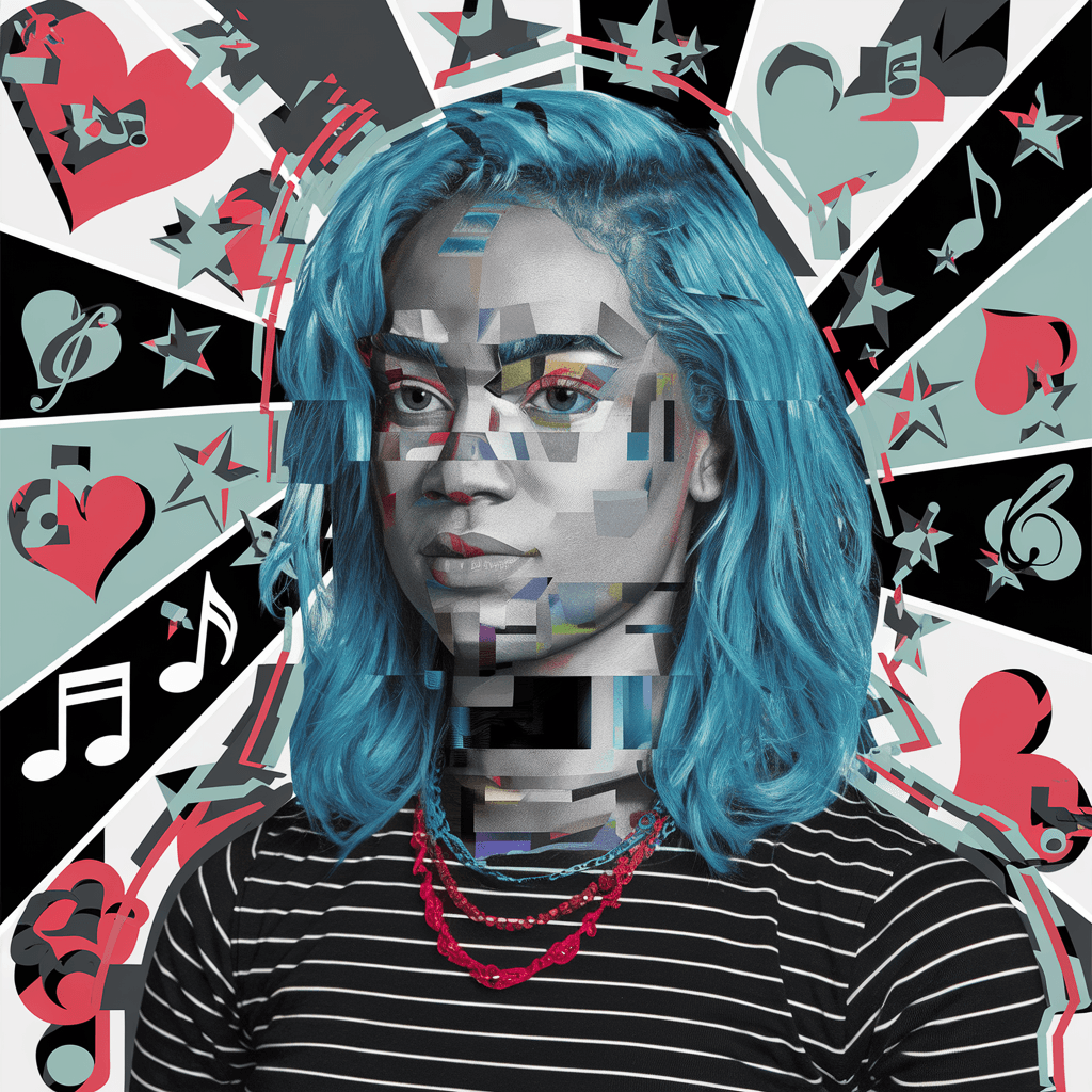 AI generated: black woman with blue hair, in the style of multi-layered collages, edgy street art, celebrity-portr...