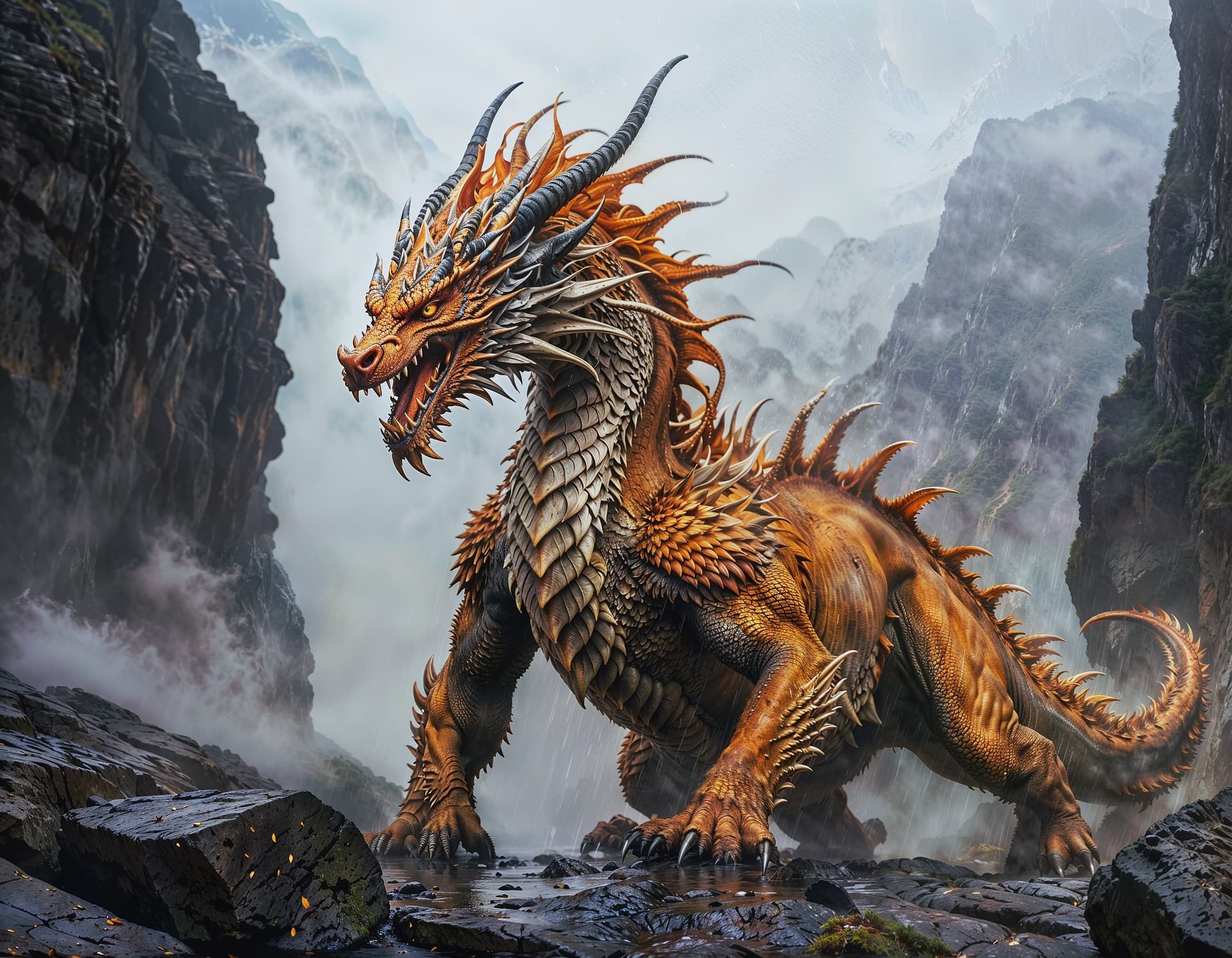 AI generated: Amid a fog-shrouded, rocky landscape, a fierce dragon stands as a menacing force of nature. Its scal...