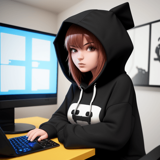 AI generated: roblox girl character gaming, oversized hoody, on computer



