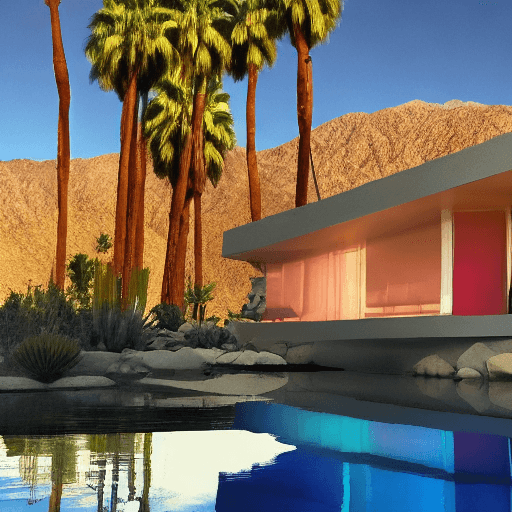 AI generated: enigmatic hovering house in palm springs synthwave wonderland