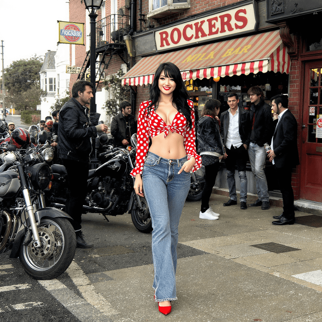 AI generated: a stunning japanese model wearing tigh jeans showing her toned legs she has high heels that are red ...