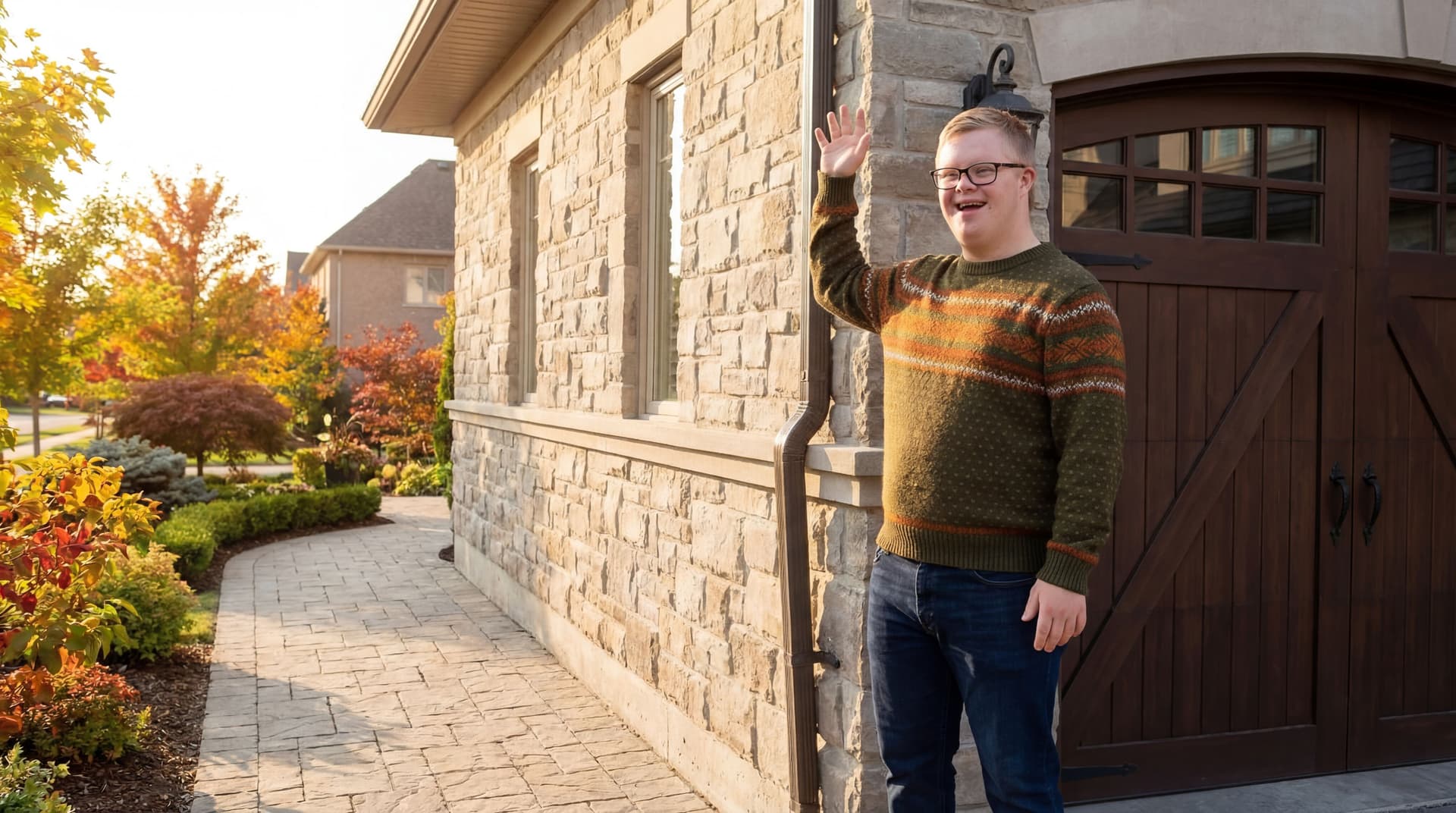AI generated: 
At the side of the house, at the corner of the garage, in a beautiful Autumn sunny afternoon. The m...