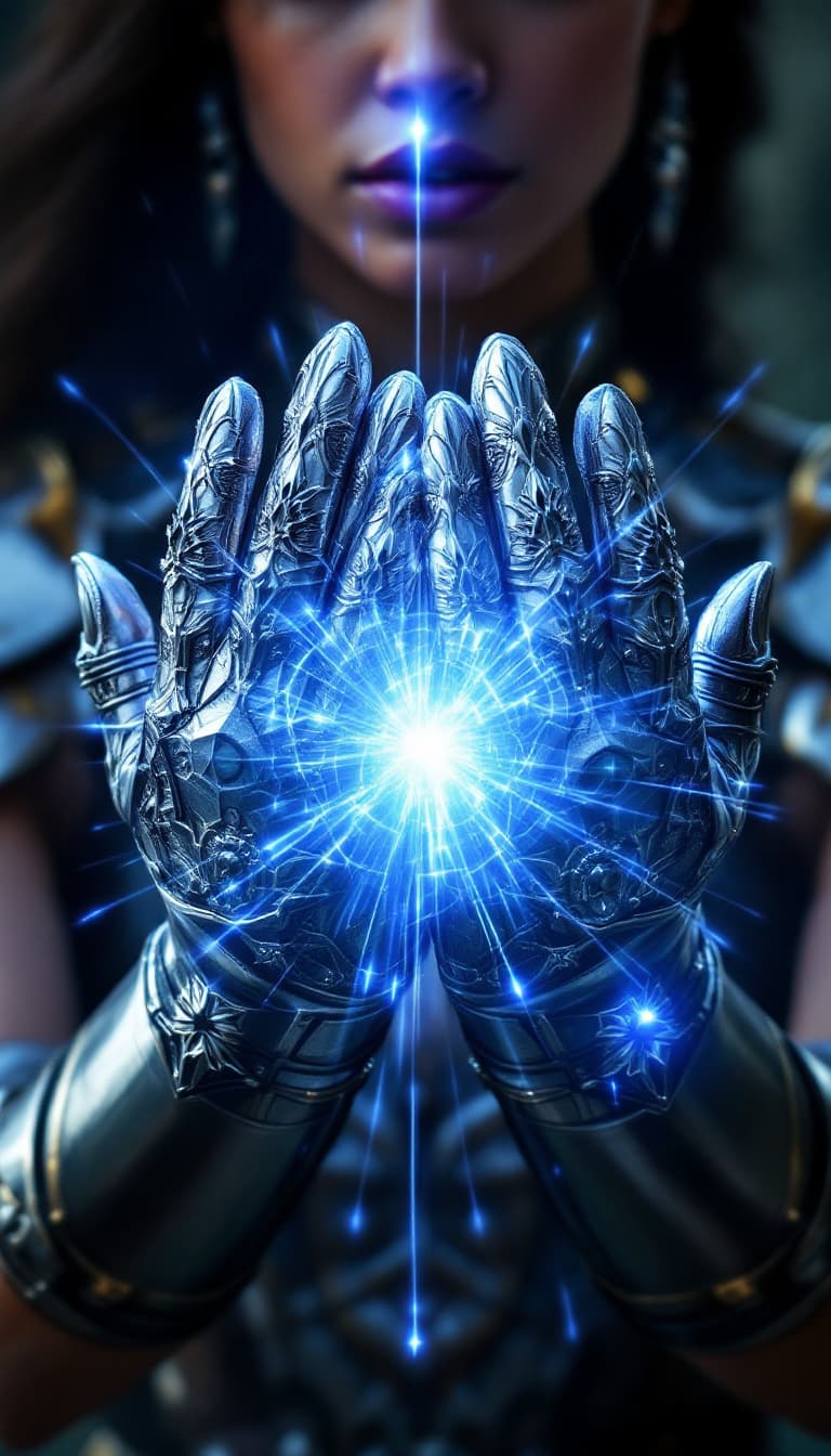 AI generated: A powerful, close-up view of a woman's hands transforming into a pair of ornate, metal gauntlets tha...