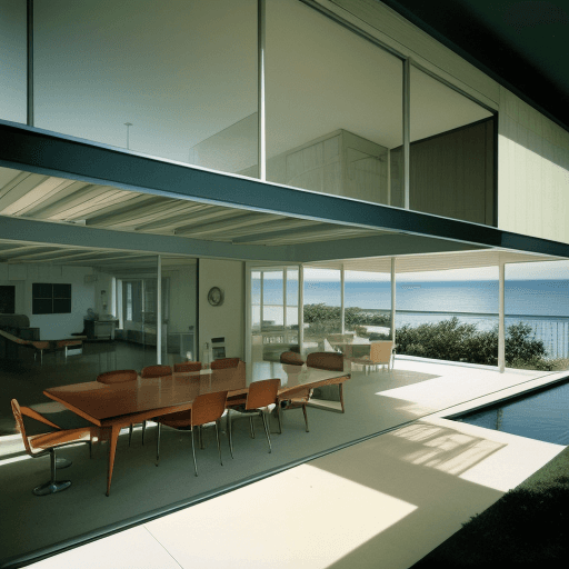 AI generated: Hyper realistic eye level exterior photo of a mid century modern style house overlooking the ocean, ...