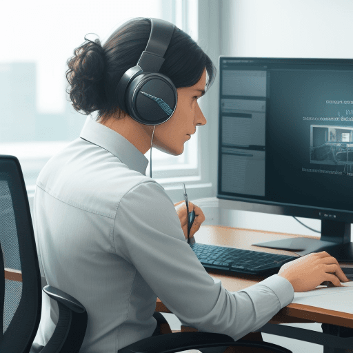 AI generated: An image of a person sitting in an office, working on a computer and participating in an online cour...