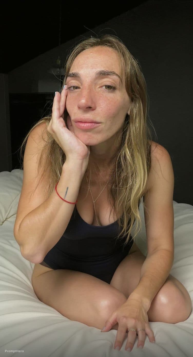 AI generated: the woman is on bed wearing a white bikini, legs spread