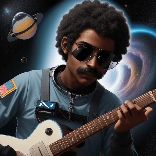 AI generated: Create a unique avatar astronaut playing guitar amidst the backdrop of a black hole in space, that a...