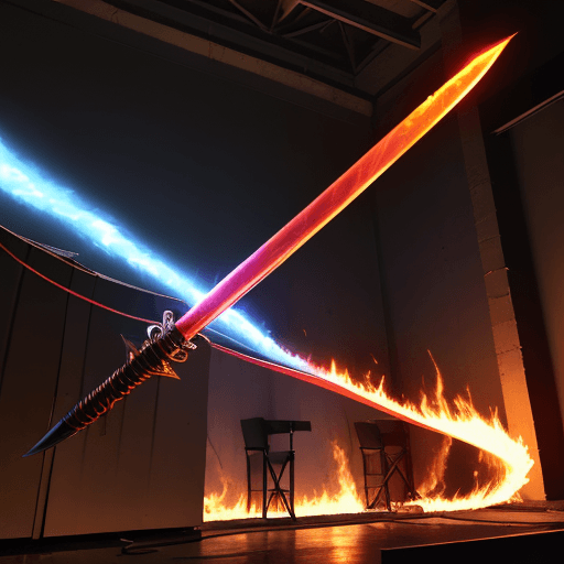 AI generated: full size fire sword located at an angle of 45 degrees, anime style, without human, black backstage 