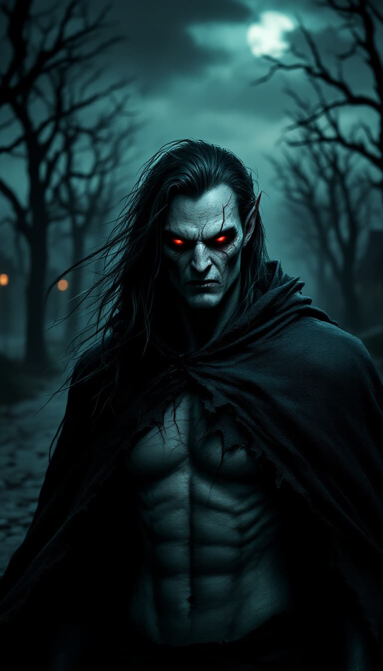 AI generated: A dark, demonic male character shown from the waist up, with long flowing black hair, glowing red ey...