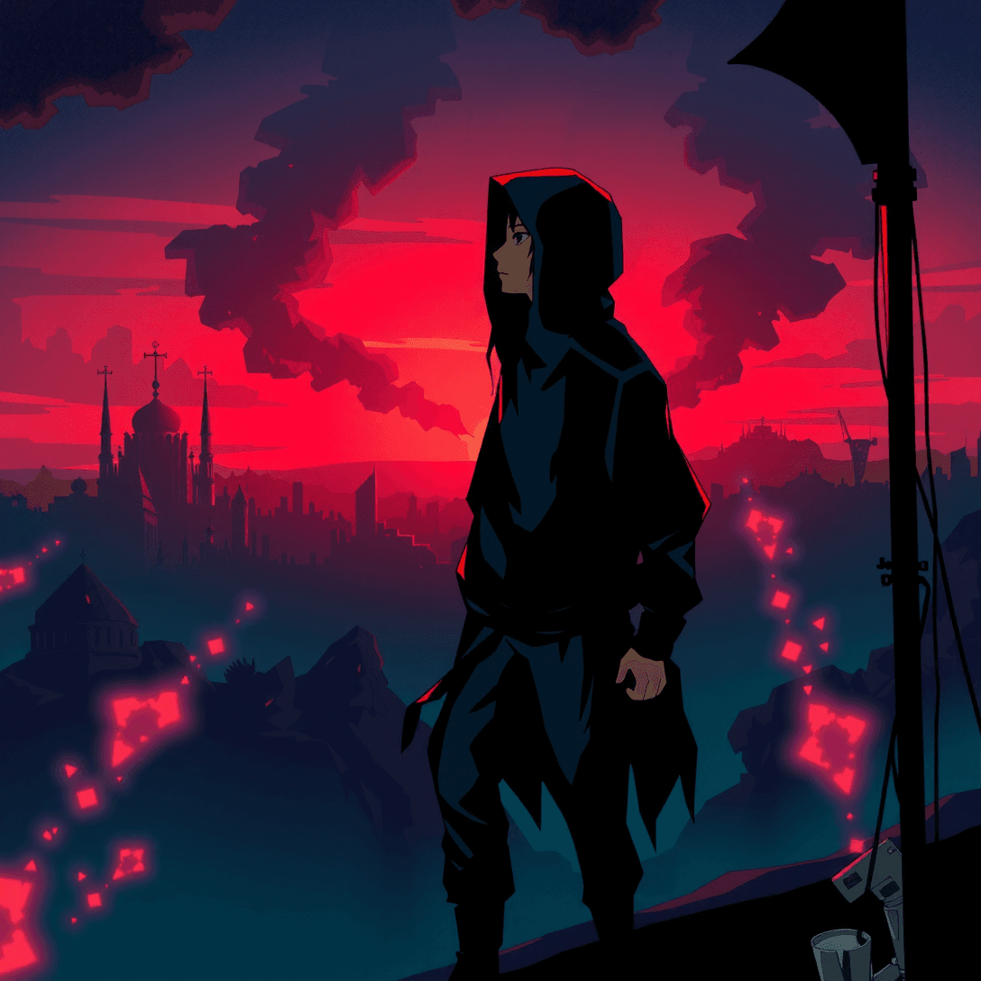AI generated: A rebellious figure, cloaked in a tattered, dark jumpsuit, stands at the edge of a dystopian citysca...