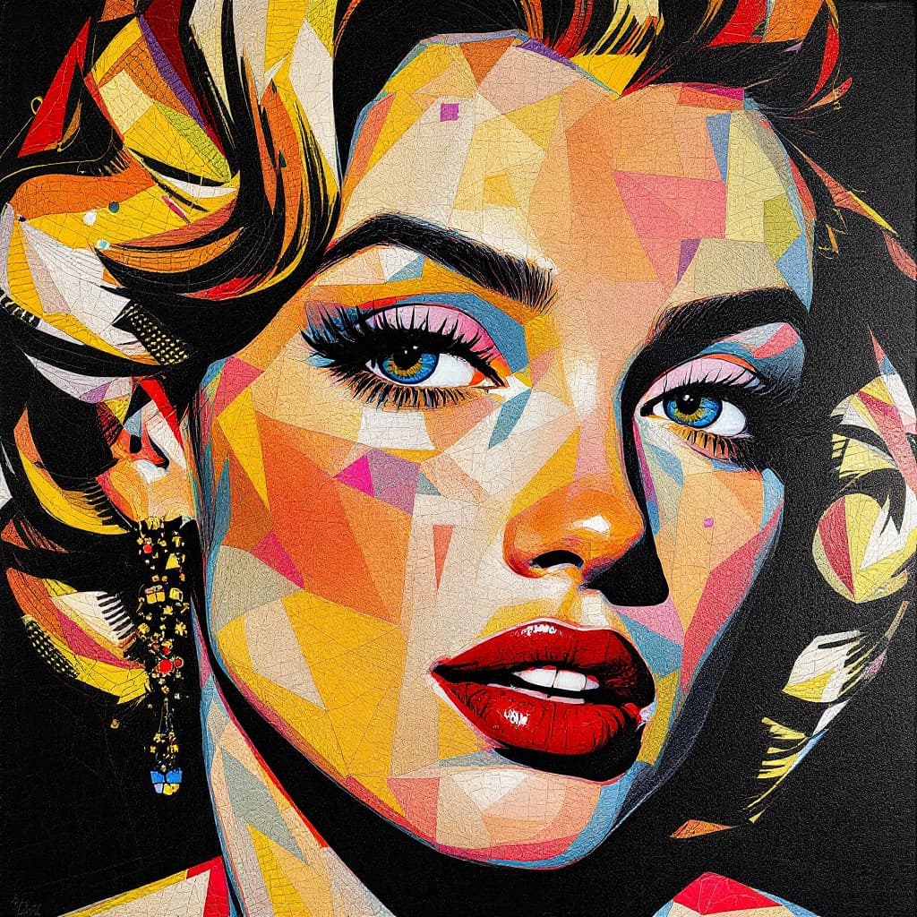AI generated: illustration, art, Young Woman, face Like Marilyn Monroe, gaze, mosaic, mondrian, consisting random ...