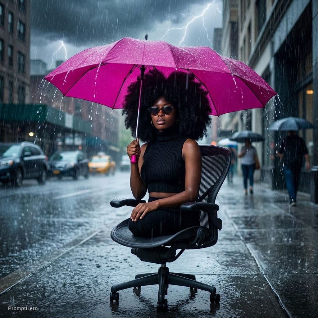 AI generated: A woman wearing a sleeveless black turtleneck crop top sweater, sitting in an office chair outside o...
