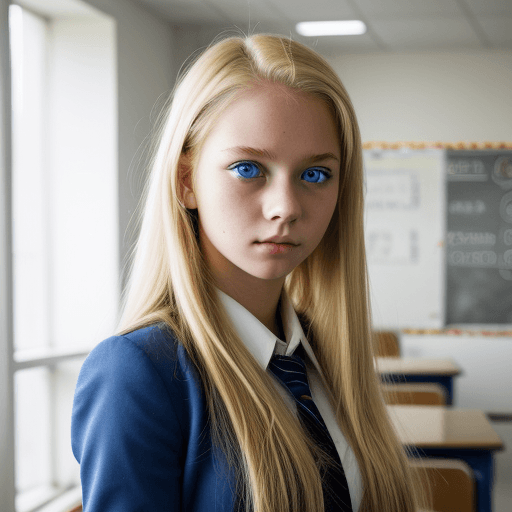 AI generated: a girl with blond hair and blue eyes standing in a school