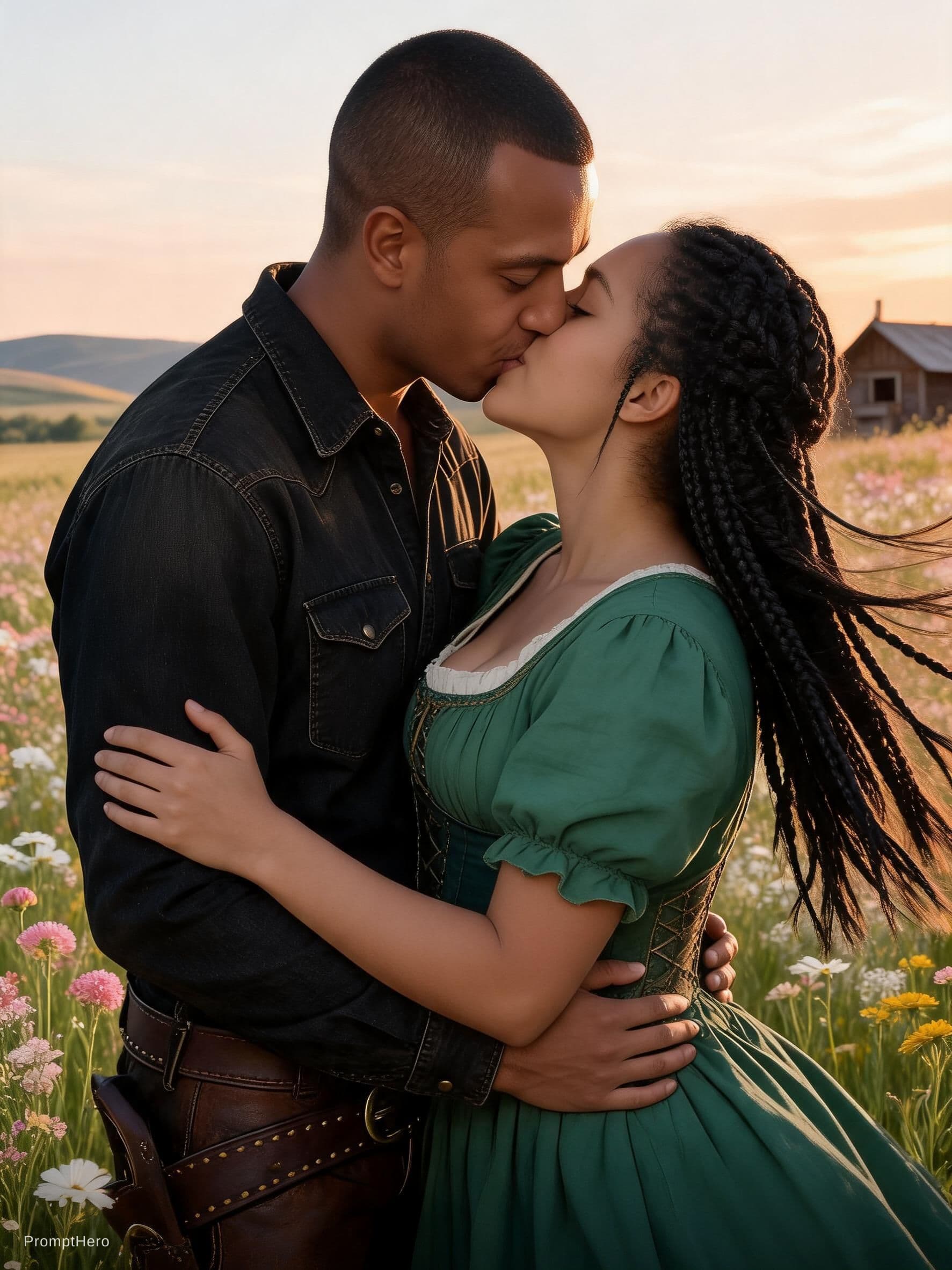 AI generated: Romance illustration, a couple sharing a passionate kiss, romance book, Wild west, set against a blo...