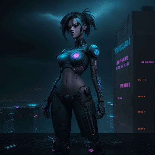AI generated: Digital artwork, concept art, a cyberpunk girl with edit amour text on her chest, standing on roofto...