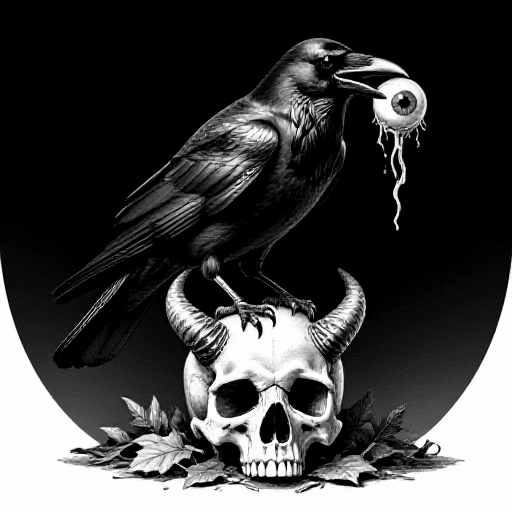 AI generated: Highly detailed raven, perched upon a demonic skull, partially sunk into a pile of leaves.
Raven has...