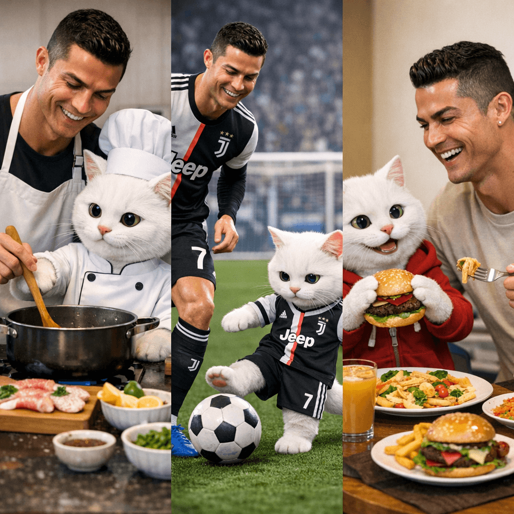 AI generated: Create a billu white dress up cat and ronaldo making fish food together cat And playing football and...