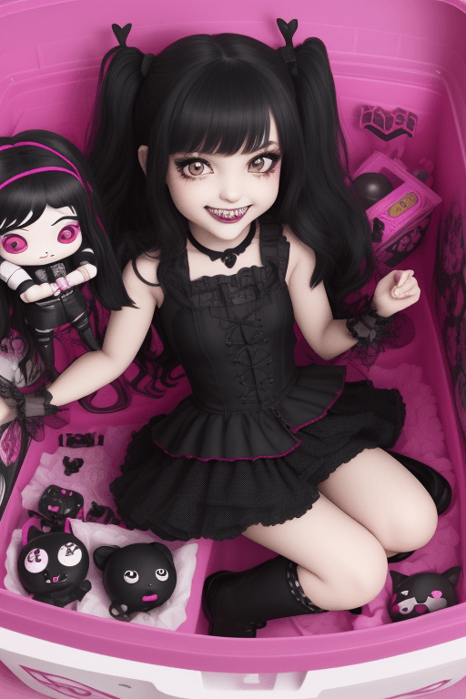 AI generated: goth girl, (full-body), in a toy box, (chibi), (smile:1), hot, sexy