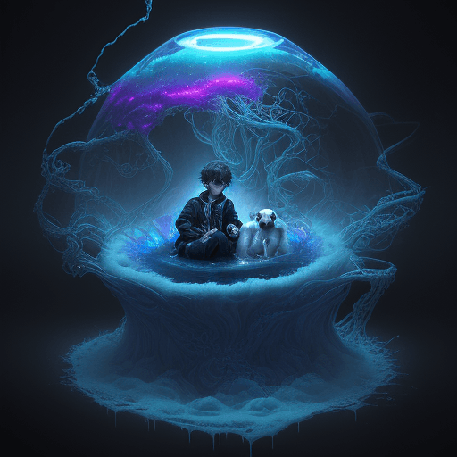 AI generated: liquid otherworldly cool dreamy trippycute a boy and hes dog,hi-fructose,otherworldy,entangled,ink,e...
