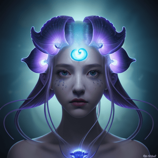 AI generated: Goddess close-up portrait ribcagel. jellyfish phoenix head, nautilus, orchid, skull, betta fish, bio...