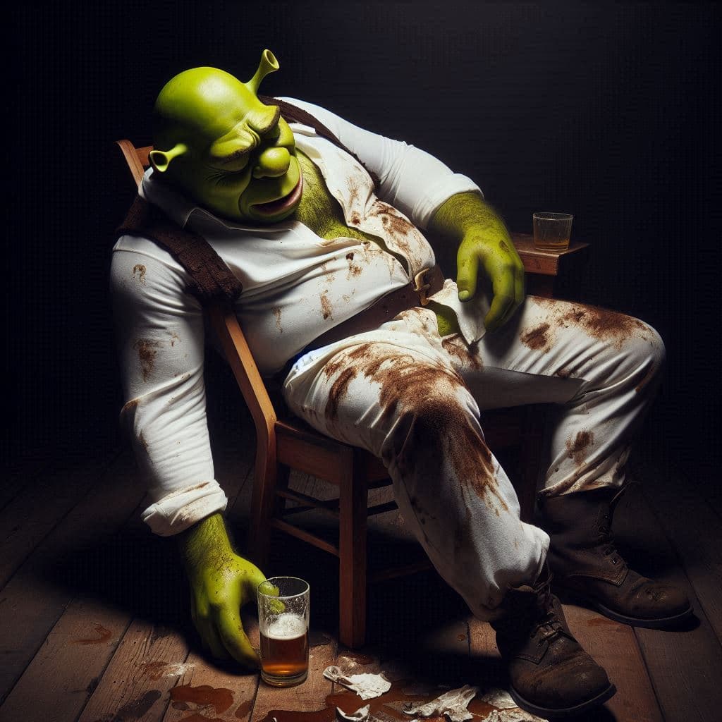AI generated: Shrek con camisa blanca desabrochada con manchas de grasa, está sentado en una silla de madera con l...